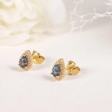 Load image into Gallery viewer, June Birtstone Earrings 4x6mm Color Changing Lab Alexandrite Yellow Gold 925 Sterling Silver Halo Stud Earrings - Shop &amp; Buy
