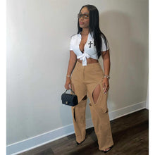 Load image into Gallery viewer, Perl High Waist Hollow Out Pants for Women Cross Ripped Capris Leisure Solid Button Trousers - Shop &amp; Buy
