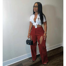 Load image into Gallery viewer, Perl High Waist Hollow Out Pants for Women Cross Ripped Capris Leisure Solid Button Trousers - Shop &amp; Buy
