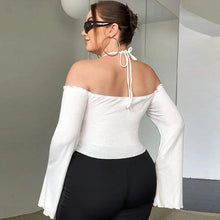 Load image into Gallery viewer, perl plus size one slash open back top for women halter bandage flare sleeve tees - Shop &amp; Buy
