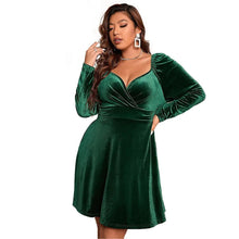 Load image into Gallery viewer, Perl Plus Size Vintage and Green Velvet Full Sleeve High Waist Dress for Women V-neck Warm Autum Wear - Shop &amp; Buy
