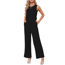 Load image into Gallery viewer, Sleeveless Belted Rompers Women Casual Cotton Blended Stretchy Long Pants Romper Loose Fit with Pockets Holidays Vacation Outfit - Shop &amp; Buy

