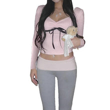 Load image into Gallery viewer, Sweet Contrast Ribbons Lace-up Bow Cropped Top Pink Coquette Aesthetic Slim Folds V-neck Knitted T-shirts Fall Cute Tee - Shop &amp; Buy
