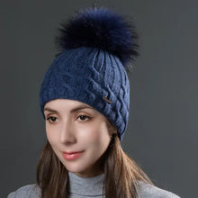 Load image into Gallery viewer, Double Layer Women Wool Caps With Natural Raccoon Fur Pompoms Hats Winter Warm Knitted Twist Beanies Fashion Female Hat
