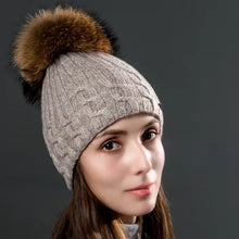 Load image into Gallery viewer, Double Layer Women Wool Caps With Natural Raccoon Fur Pompoms Hats Winter Warm Knitted Twist Beanies Fashion Female Hat
