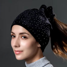 Load image into Gallery viewer, Women Rhinestones Velvet Hats Winter Warm Fashion Tied hair Ponytail Hat For Female Autumn Flannel Caps Skullies Beanies
