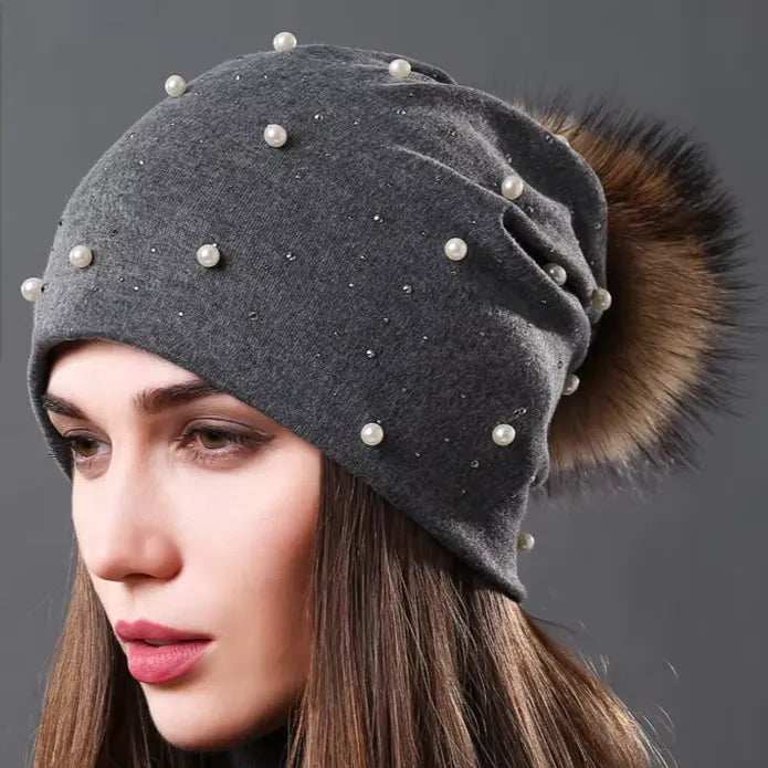 Women's Hat Natural Raccoon Fur Pompom Beanies Autumn Winter Warm Cotton Hats Rhinestone Fashion Caps - Shop & Buy