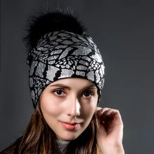 Load image into Gallery viewer, Knitted Warm Double Layer Silver Print Wool Hats Women Autumn Winter Caps With Natural Fur Pompoms Beanies Fashion Hat
