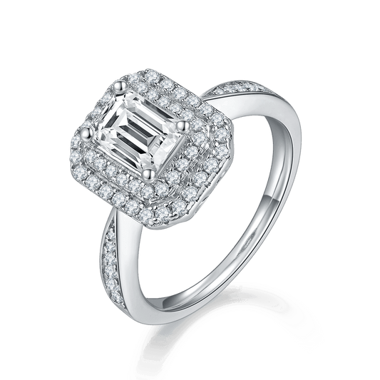 1.0 TCW Emerald Cut D Color Classic Pave Moissanite Double Halo Engagement Ring in 925 Sterling Silver Gift For Her - Shop & Buy