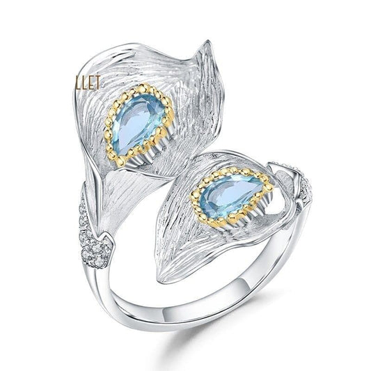 1.25C Natural Swiss Blue Topaz Calla lily Leaf Rings 925 Sterling Silver Handmade Adjustable Ring for Women - Shop & Buy