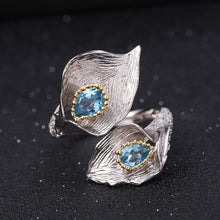 Load image into Gallery viewer, 1.25C Natural Swiss Blue Topaz Calla lily Leaf Rings 925 Sterling Silver Handmade Adjustable Ring for Women - Shop &amp; Buy
