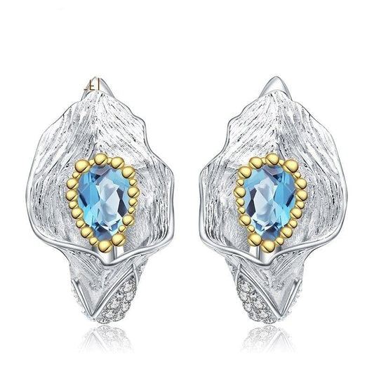 1.68Ct Natural Swiss Blue Topaz Callalily Leaf Earrings 925 Sterling Silver Handmade Stud Earrings for Women - Shop & Buy