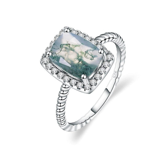 1.78Ct 6x8mm Cushion Moss Agate Halo Engagement Rings 925 Sterling Silver Stripes Promise Ring Gift For Her - Shop & Buy