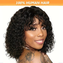 Load image into Gallery viewer, 100% Human Hair Bouncy Curly Wave Bob Wig with Bangs - 150% Density, Full Machine Crafted, Natural Black, Comfortable Fit - Shop &amp; Buy
