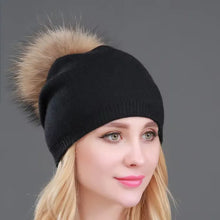 Load image into Gallery viewer, Autumn Winter Knitted Wool Hats For Women Fashion Pompon Beanies Fur Hat Female Warm Caps With Natural Genuine Raccoon Fur Cap
