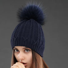 Load image into Gallery viewer, Women Double Deck Knitted Wool Hat Winter Natural Raccoon Fur Warm Caps Female Pom Pom Hats Ladies Fashion
