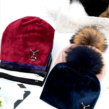 Load image into Gallery viewer, Owl Rhinestones Hats For Women Winter Warm Plus Velvet Fashion Caps With Natural Fur Pompoms Female Skullies Beanies
