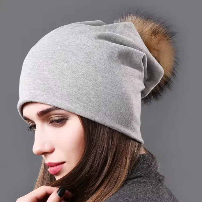 Women's Hat Natural Raccoon Fur Pompom Beanies Autumn Winter Warm Cotton Hats Rhinestone Fashion Caps - Shop & Buy