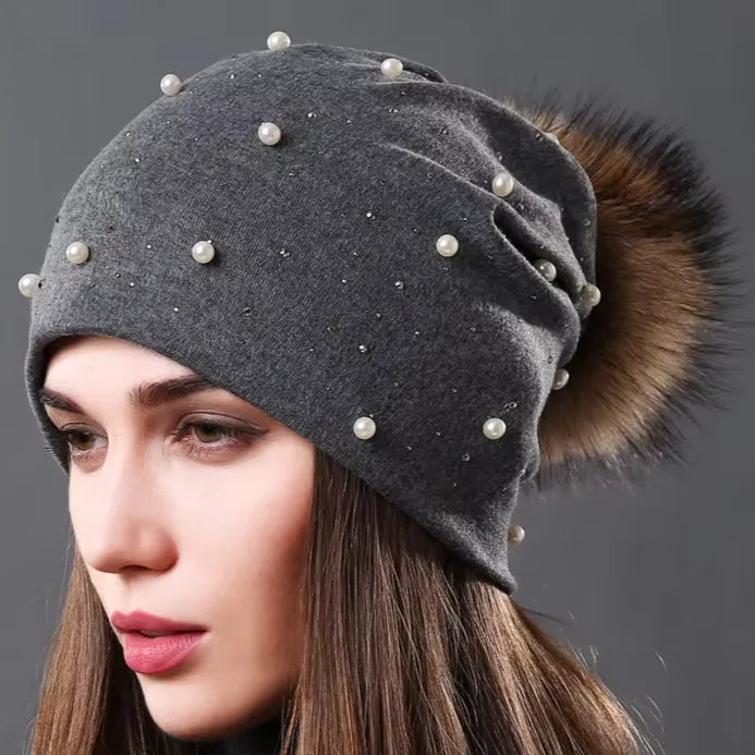 Women's Fashion Hat Autumn Winter Rhinestones Pearl Hats Female Beanies Natural Raccoon Fur Pompom Cotton Warm Caps - Shop & Buy