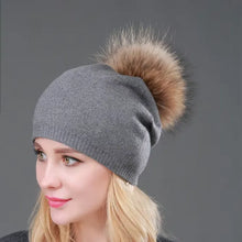 Load image into Gallery viewer, Autumn Winter Knitted Wool Hats For Women Fashion Pompon Beanies Fur Hat Female Warm Caps With Natural Genuine Raccoon Fur Cap
