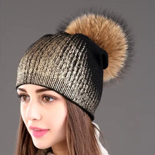 Load image into Gallery viewer, New Winter Beanies Ladies Knitted Wool Warm Hats Fashion Pom Pom Real Raccoon Fur Caps Skullies Hat For Women Print Fur Cap
