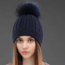 Load image into Gallery viewer, Women Double Deck Knitted Wool Hat Winter Natural Raccoon Fur Warm Caps Female Pom Pom Hats Ladies Fashion
