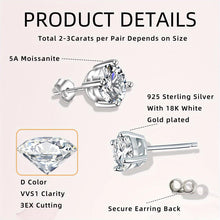 Load image into Gallery viewer, 2-3ct D Color VVS1 Clarity Moissanite Classic Stud Earrings - Hypoallergenic 925 Sterling Silver - Shop &amp; Buy
