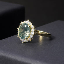 Load image into Gallery viewer, 2.85CT 8X10mm Moss Agate Oval Cut Unique Cluster Halo Engagement Rings in 925 Sterling Silver Women Gemstone Ring - Shop &amp; Buy

