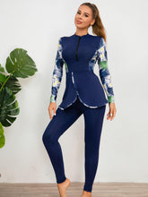 Load image into Gallery viewer, 2 Piece High Neck Zipper Long Sleeve Swimsuit - Stretchy Tropical Floral Leaf Print Full Cover Sun Protective Water Sports Beachwear - Shop &amp; Buy
