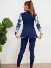 Load image into Gallery viewer, 2 Piece High Neck Zipper Long Sleeve Swimsuit - Stretchy Tropical Floral Leaf Print Full Cover Sun Protective Water Sports Beachwear - Shop &amp; Buy
