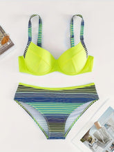 Load image into Gallery viewer, 2-Piece Neon Green Stripe Bikini Set - Push-Up Underwire &amp; V-Neck Top with Low Waist Bottoms - Shop &amp; Buy
