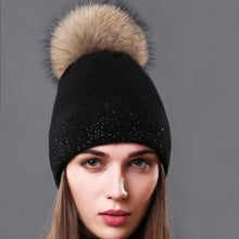 Load image into Gallery viewer, Multiple Styles Rhinestone Sequins Hats For Women Winter Beanies Natural Raccoon Fur Pompom Cap Women Knitted Warm Wool Hat
