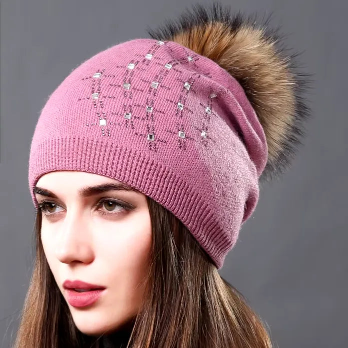 Wool Knitted Hats Fashion Rhinestone Glass Women Autumn Winter Warm Caps Natural Raccoon Fur Pompom Hat - Shop & Buy