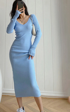 Load image into Gallery viewer, Women Autumn Knitted Dress V Neck Sexy Slim Elastic Oversized Basic Bodycon Sweater Dress
