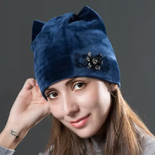 Load image into Gallery viewer, Cute Cat Ears With Flower Caps Winter Warm Women Hats Flannel Autumn Beanies Fashion Girls Hat Velvet Skullies For Female
