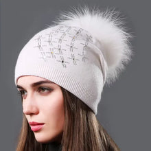 Load image into Gallery viewer, Wool Knitted Hats Fashion Rhinestone Glass Women Autumn Winter Warm Caps Natural Raccoon Fur Pompom Hat
