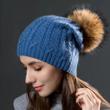 Load image into Gallery viewer, Autumn Winter Women&#39;s Rabbit Fur Knitted Twist Hats Fashion Warm Caps With Natural Fur Pompom Female Hat Skullies Beanies
