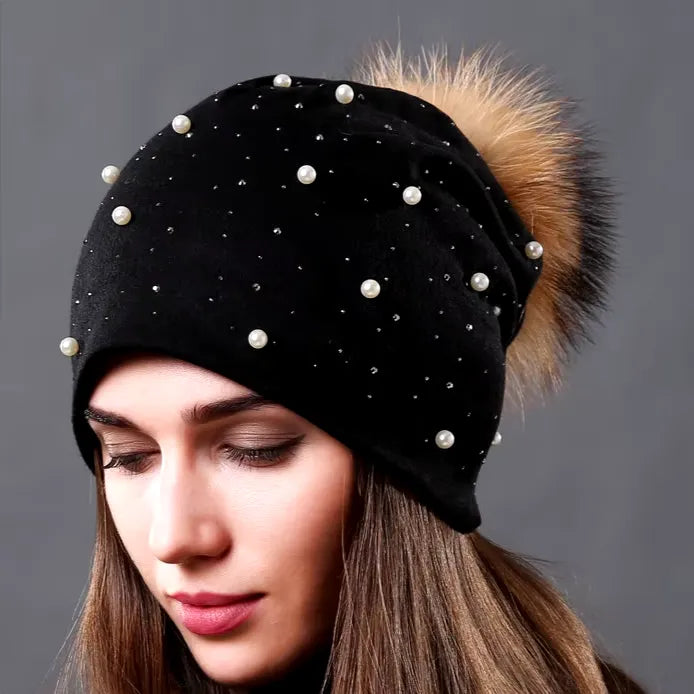 Women's Hat Natural Raccoon Fur Pompom Beanies Autumn Winter Warm Cotton Hats Rhinestone Fashion Caps - Shop & Buy