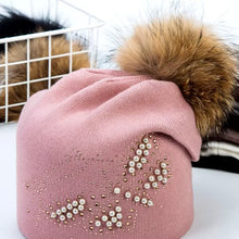 Load image into Gallery viewer, Fashion Pearl Butterfly Women Hats Knitted Wool Beanies Autumn Winter Warm Caps With Natural Fur Pom Pom Ladies Hat
