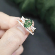Load image into Gallery viewer, 2pcs Bridal Promise Ring Unique Oval Cut Moss Agate Engagement Ring Set 925 Sterling Silver Wedding Eternity Band - Shop &amp; Buy
