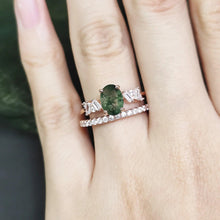 Load image into Gallery viewer, 2pcs Bridal Promise Ring Unique Oval Cut Moss Agate Engagement Ring Set 925 Sterling Silver Wedding Eternity Band - Shop &amp; Buy
