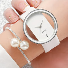 Load image into Gallery viewer, 2pcs/set Stylish Womens Quartz Watch with Intricate Hollow Out Design - Analog PU Leather Strap &amp; Faux Pearl Bangle Set - Shop &amp; Buy
