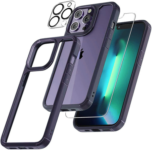 【3 in 1】Case for iPhone 14 Pro Max with Tempered Glass Screen Protector Matte-Finish All-Round Protection Shockproof Cover - Shop & Buy