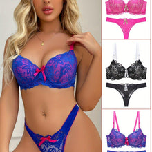 Load image into Gallery viewer, 3-Piece Bow Embellished Lingerie Set - Seductive Push-Up Bra &amp; Soft Floral Lace Panties - Luxurious Comfort for Women - Shop &amp; Buy

