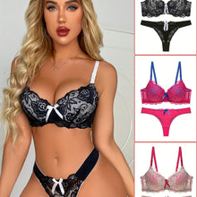 Load image into Gallery viewer, 3-Piece Bow Embellished Lingerie Set - Seductive Push-Up Bra &amp; Soft Floral Lace Panties - Luxurious Comfort for Women - Shop &amp; Buy

