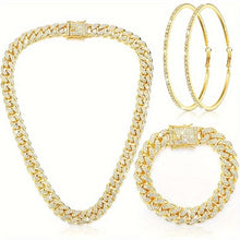 Load image into Gallery viewer, 3-Piece Complete Accessories Set - Lavish Cuban Chain Necklace, Dazzling Rhinestone Stud Earrings - Shop &amp; Buy
