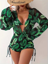 Load image into Gallery viewer, 3-Piece Leaf Print Bikini Set - Halter V-Neck, Tie-Back, High-Cut Bottoms with Matching Backless Cover-Up Romper - Shop &amp; Buy
