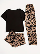 Load image into Gallery viewer, 3-Piece Leopard Print Pajama Set - Ultra-Soft &amp; Breathable, Short Sleeve Top with Slight Stretch, Loose Shorts &amp; Long Pants - Shop &amp; Buy
