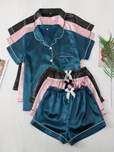 Load image into Gallery viewer, 3-Piece Luxury Satin Pajama Set for Women - Soft Short Sleeve Top with Lapel Buttons &amp; Bow Detail Shorts - Shop &amp; Buy
