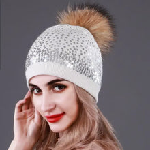 Load image into Gallery viewer, Multiple Styles Rhinestone Sequins Hats For Women Winter Beanies Natural Raccoon Fur Pompom Cap Women Knitted Warm Wool Hat
